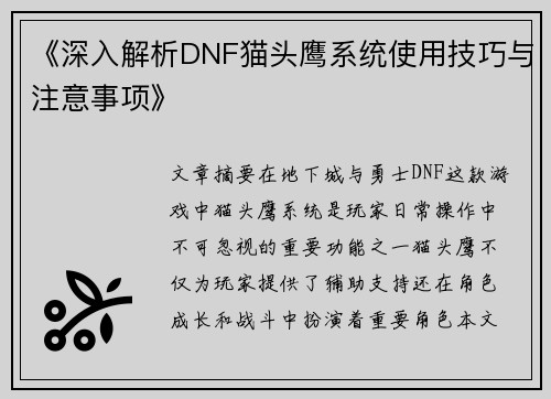 《深入解析DNF猫头鹰系统使用技巧与注意事项》