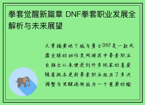 拳套觉醒新篇章 DNF拳套职业发展全解析与未来展望